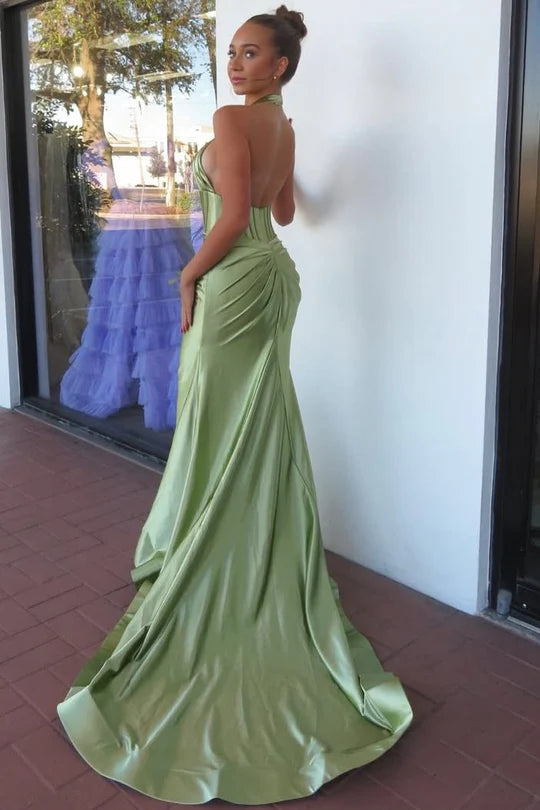 Satin Pleated Sleeveless Long Formal Prom Dress