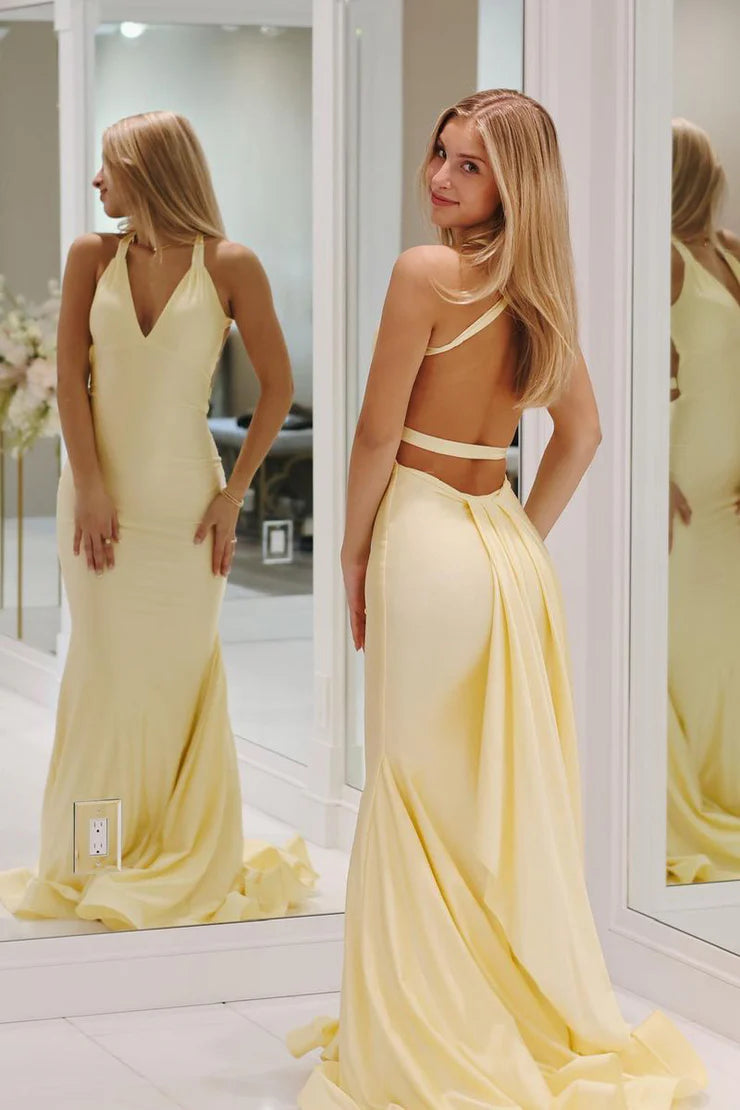 Mermaid Halter Backless Yellow Satin Long Prom Dress