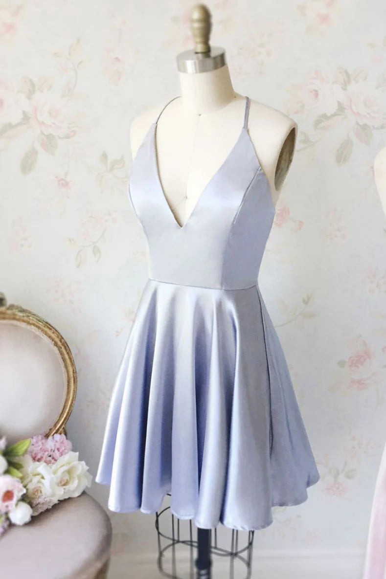 Light blue v neck short prom dress blue homecoming dress