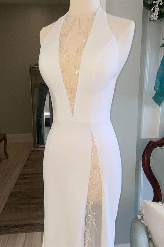 White Halter Open Back Mermaid Long Wedding Dress