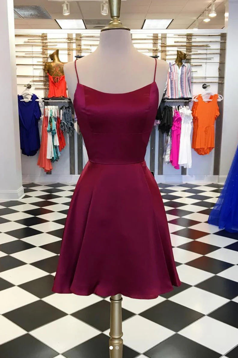 Burgundy satin short prom dress  burgundy short homecoming dress
