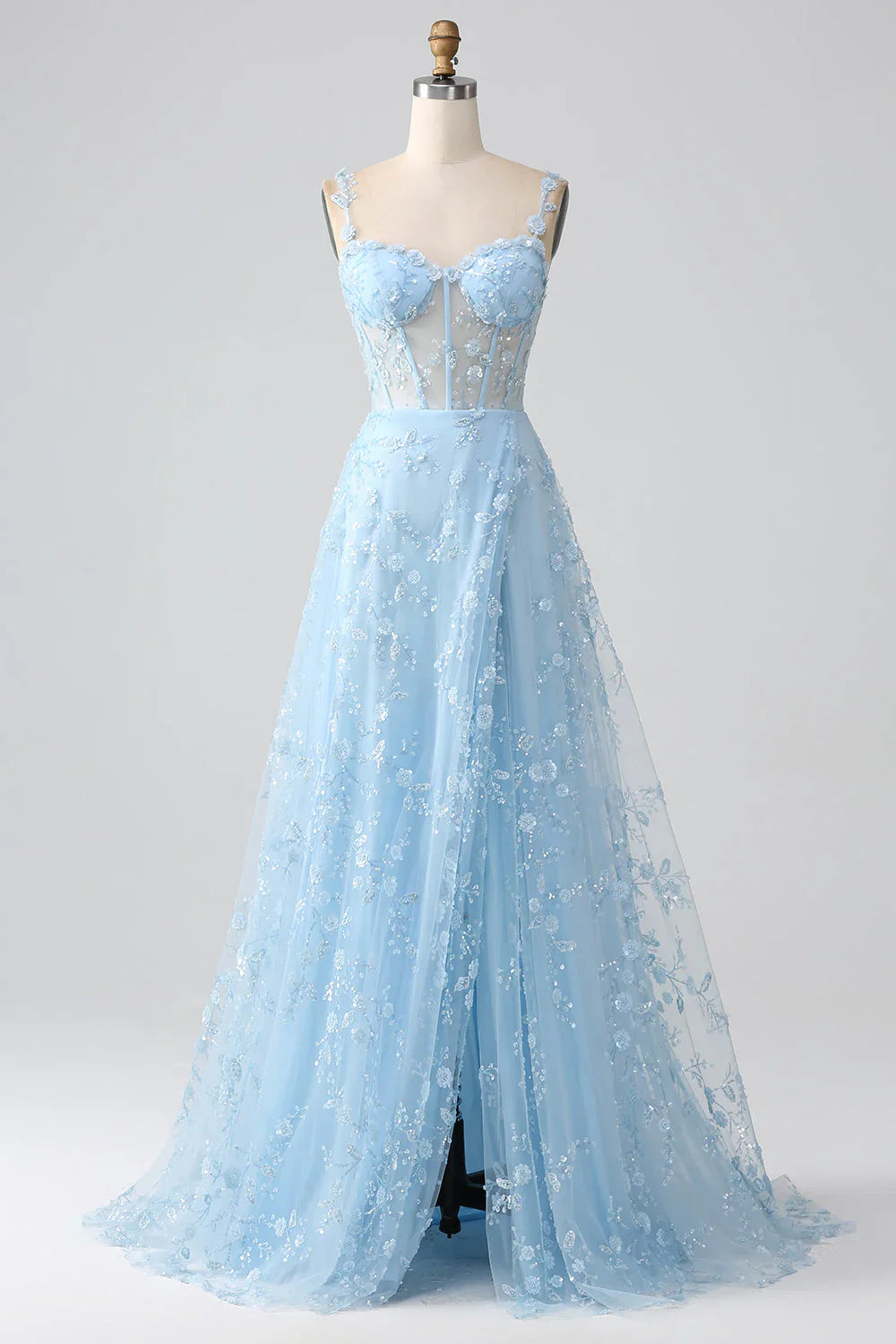DingJiDress Sparkly Blue A Line Spaghetti Straps Sequin Corset Prom Dress With Slit
