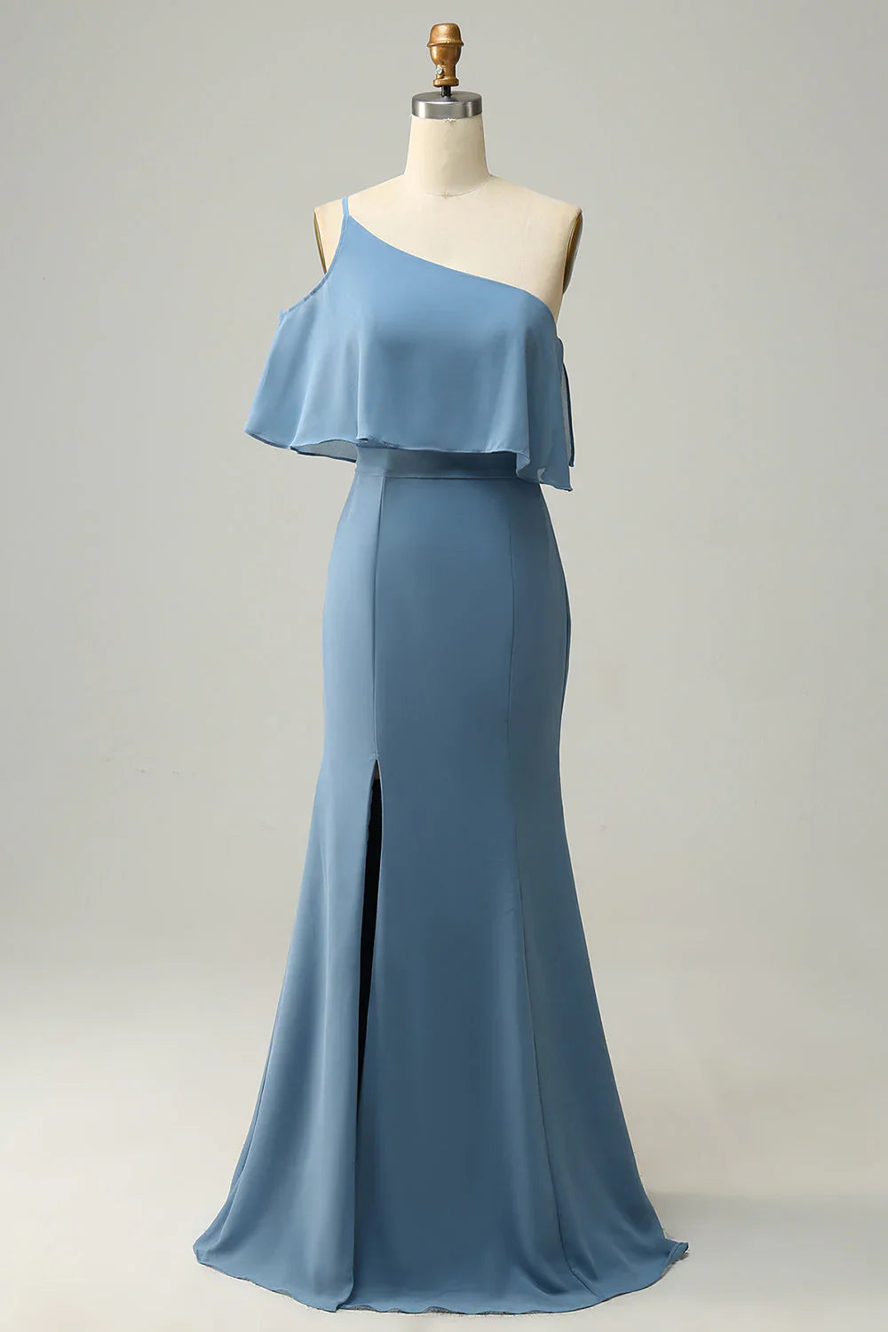 DingJiDress Sheath One Shoulder Blue Plus Size Bridesmaid Dress with Silt