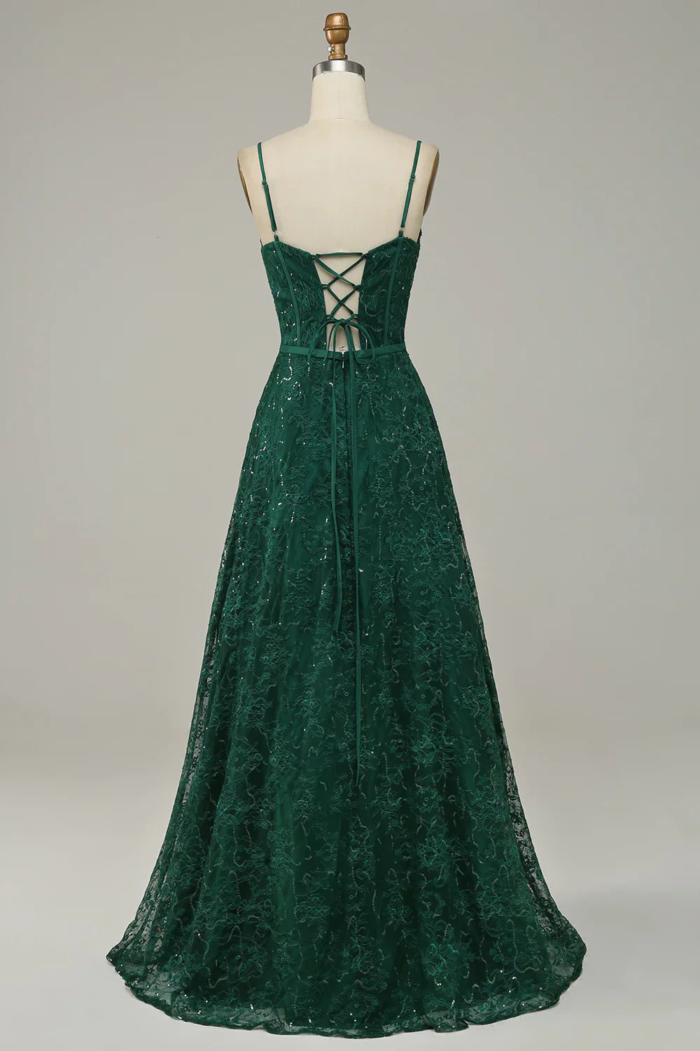 DingJiDress Dark Green Lace Spaghetti Straps Corset Prom Dress