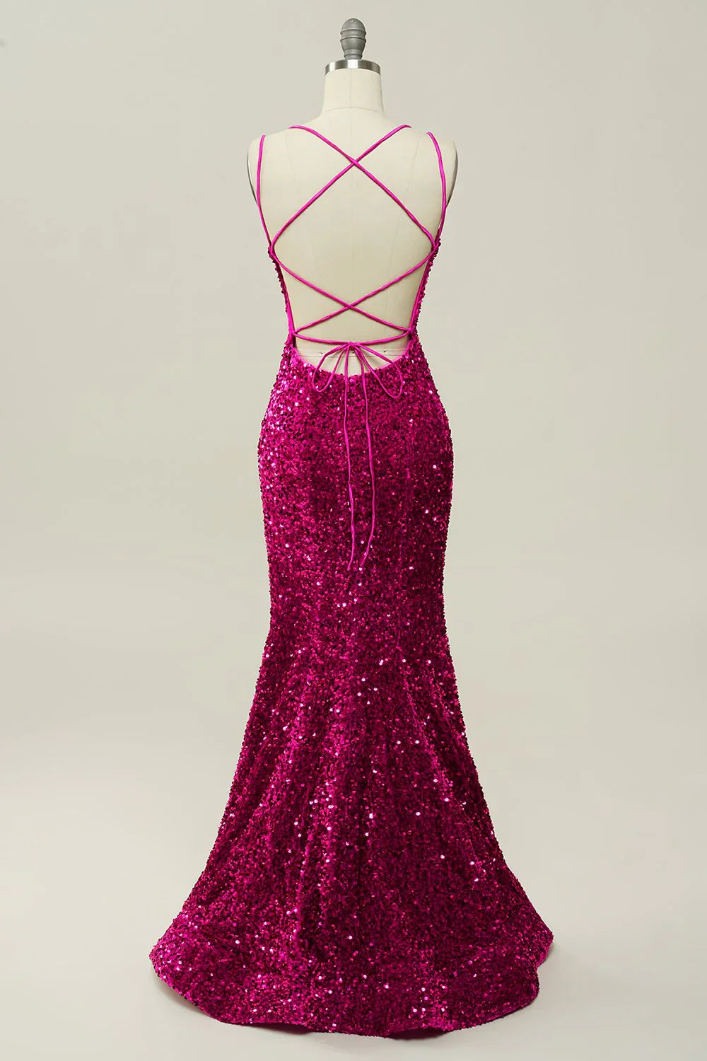 DingJiDress  Hot Pink Sequin Spaghetti Straps Mermaid Prom Dress with Lace-up Back