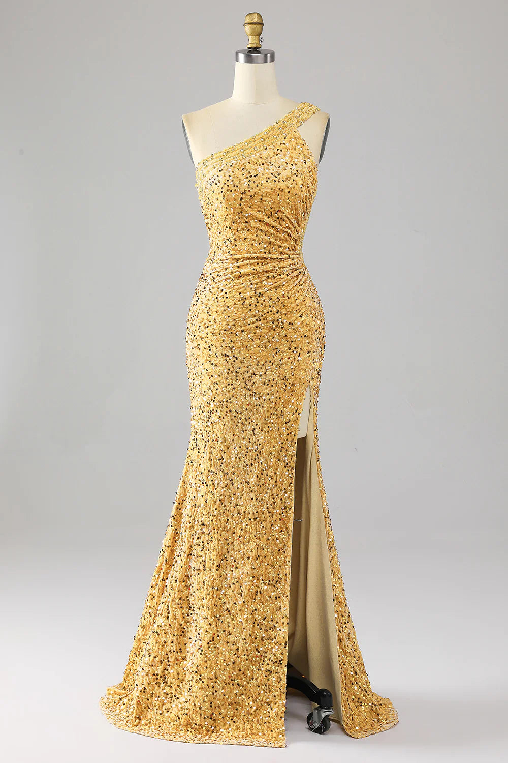 DingJiDress Mermaid Sequins One Shoulder Golden Prom Dress with Slit