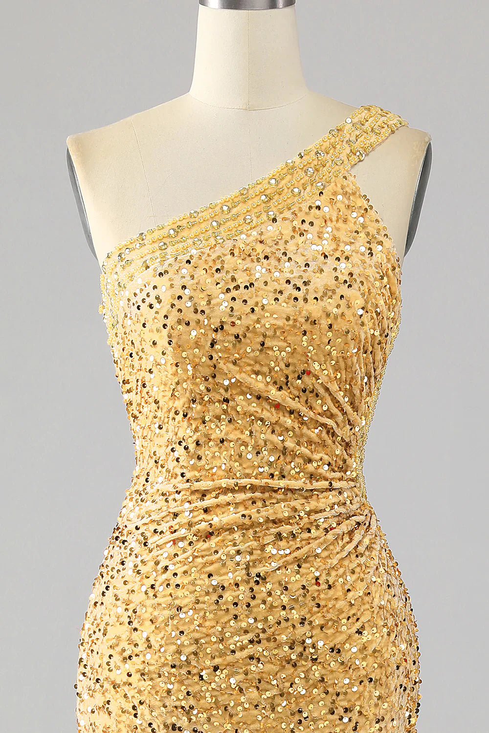 DingJiDress Mermaid Sequins One Shoulder Golden Prom Dress with Slit