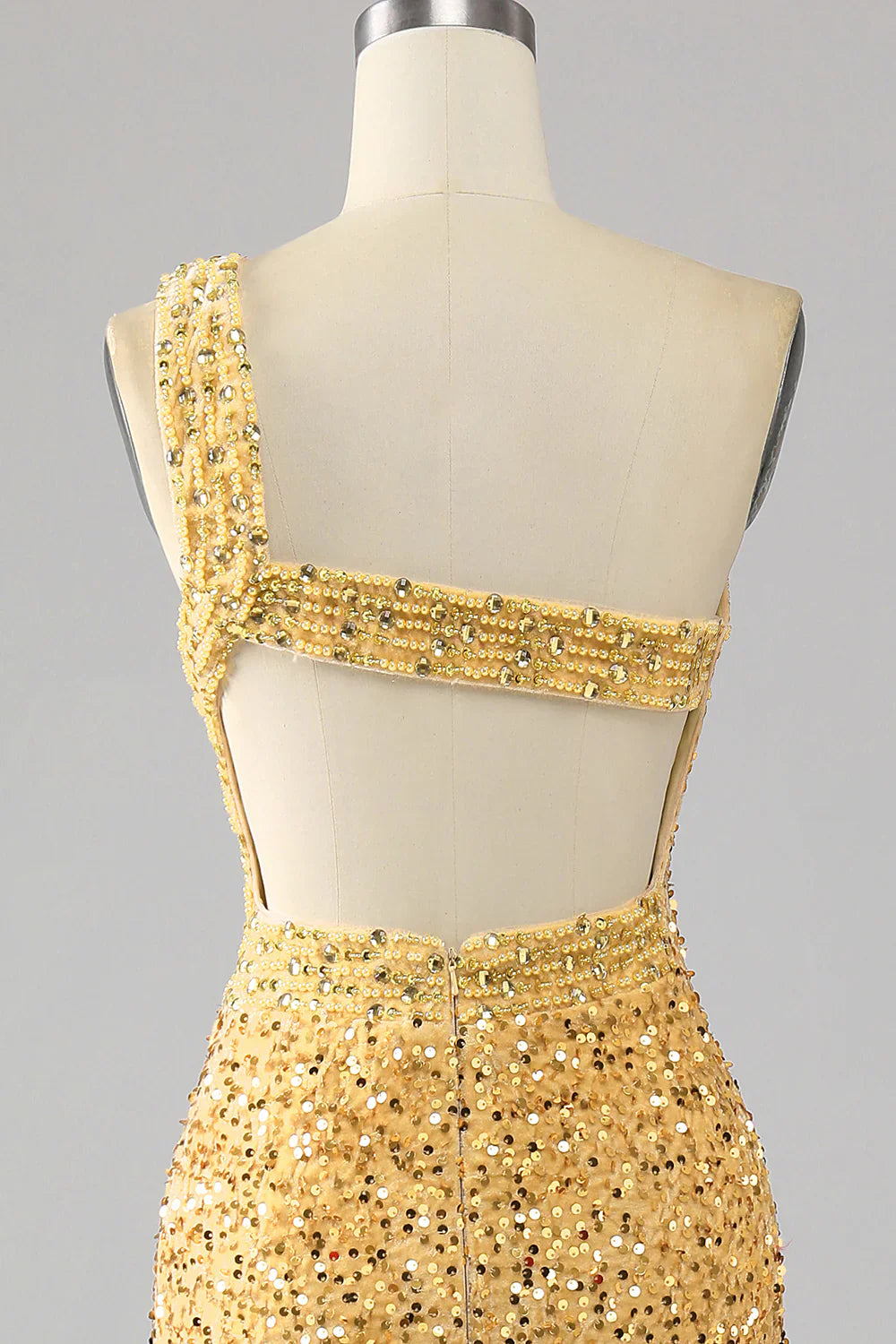 DingJiDress Mermaid Sequins One Shoulder Golden Prom Dress with Slit
