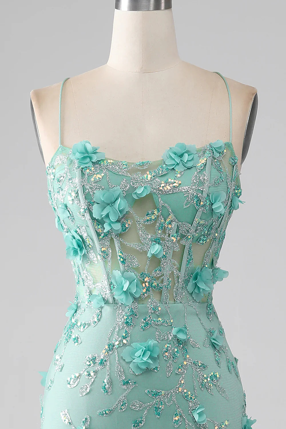 DingJiDress Green Mermaid Spaghetti Straps Long Prom Dress with Appliques
