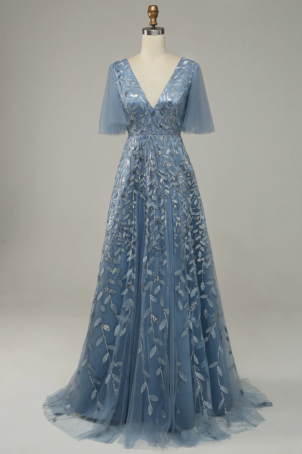 DingJiDress Grey Blue Tulle Embroidered Leaves Prom Dress