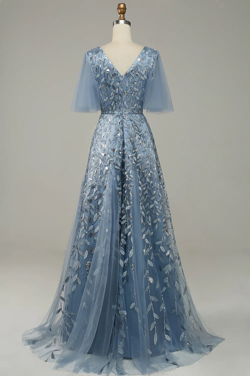DingJiDress Grey Blue Tulle Embroidered Leaves Prom Dress