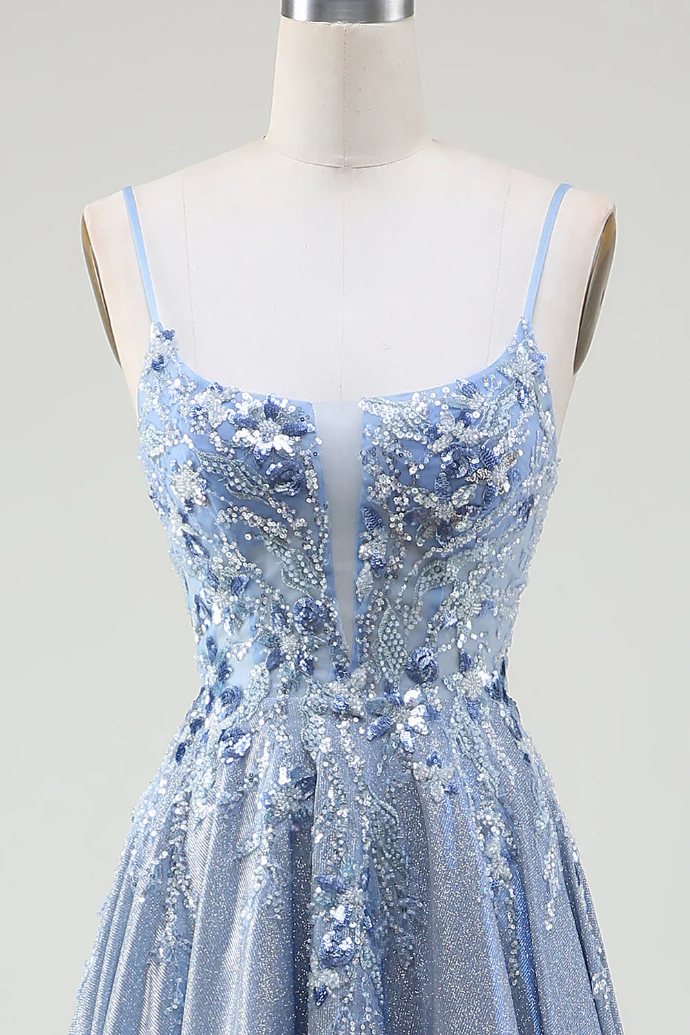 DingJiDress Glitter A-Line Spaghetti Straps Grey Blue Prom Dress