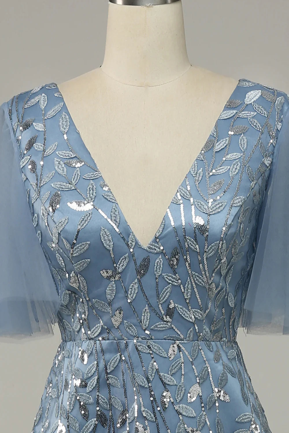 DingJiDress Grey Blue Tulle Embroidered Leaves Prom Dress