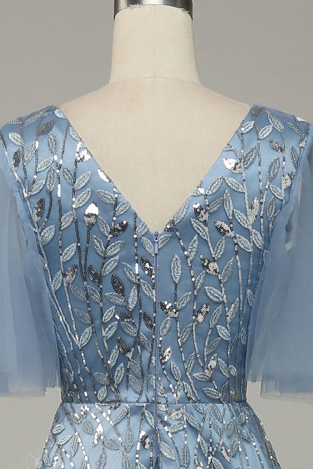 DingJiDress Grey Blue Tulle Embroidered Leaves Prom Dress