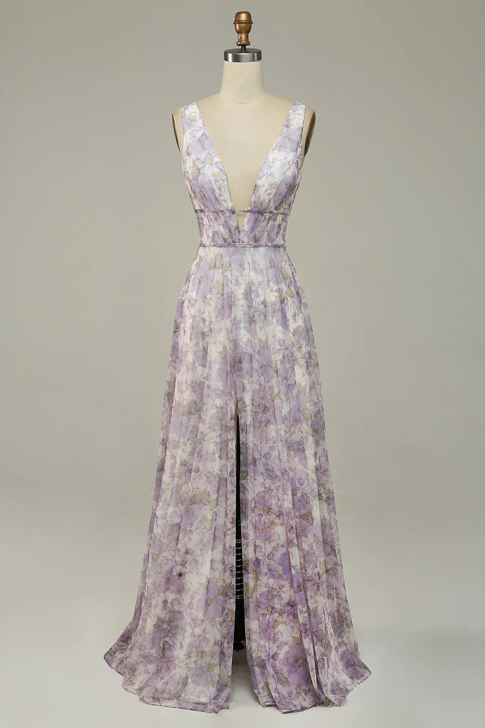 DingJiDress Iovry Purple Printed V-Neck Prom Dress With Slit