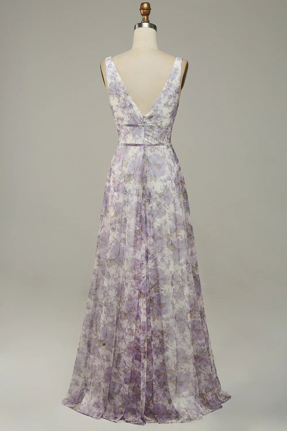 DingJiDress Iovry Purple Printed V-Neck Prom Dress With Slit