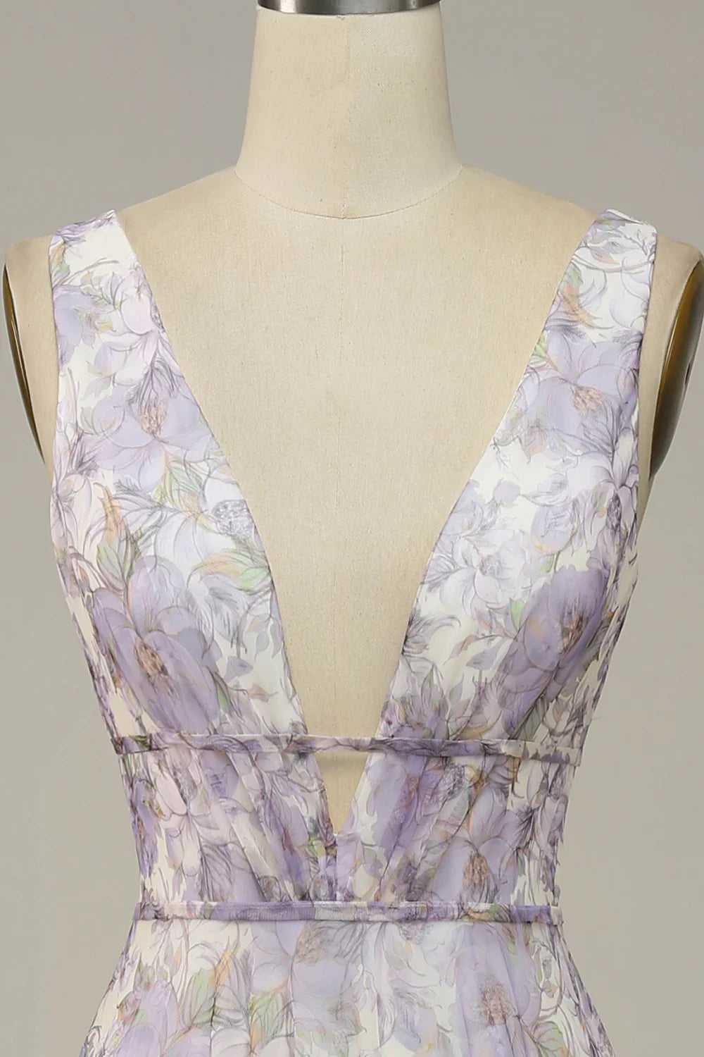 DingJiDress Iovry Purple Printed V-Neck Prom Dress With Slit