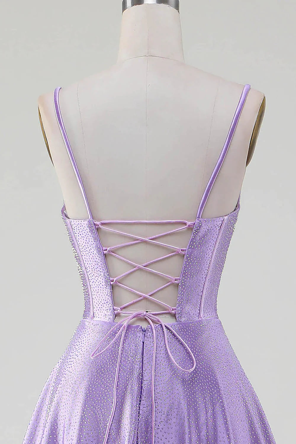 DingJiDress Simple Sparkly Lilac A-Line Side Slit Corset Prom Dresses with Rhinestones