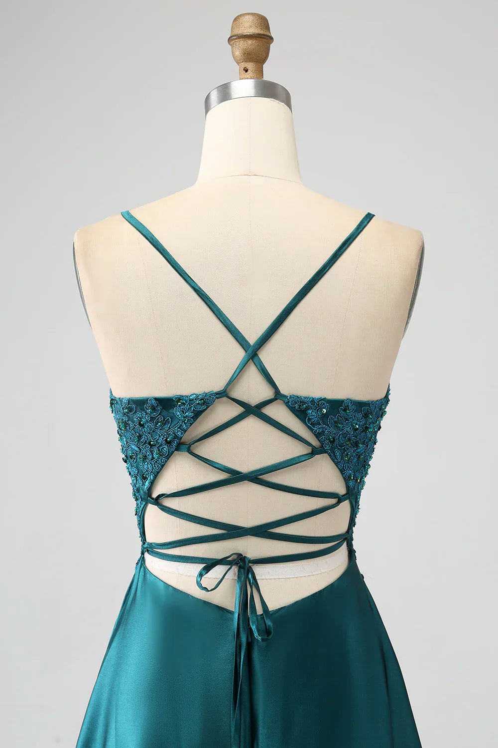 DingJiDress Peacock Green A-Line Spaghetti Straps Long Prom Dress with Slit
