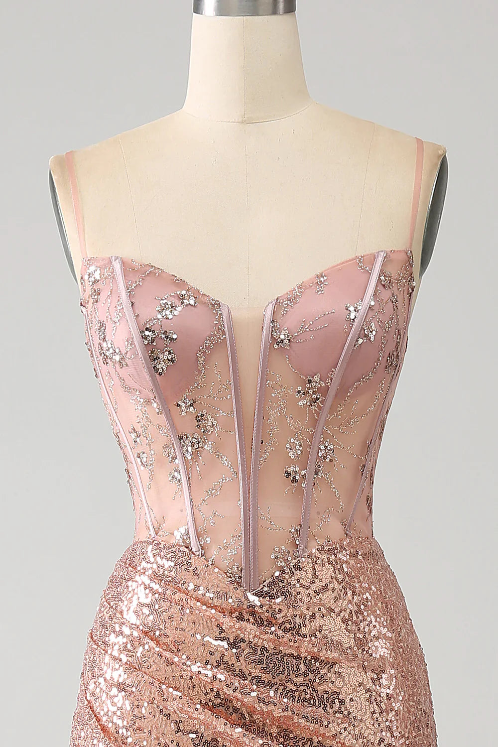 DingJiDress Rose Gold Mermaid Beaded Ruched Sequin Corset Prom Dress With Side Slit