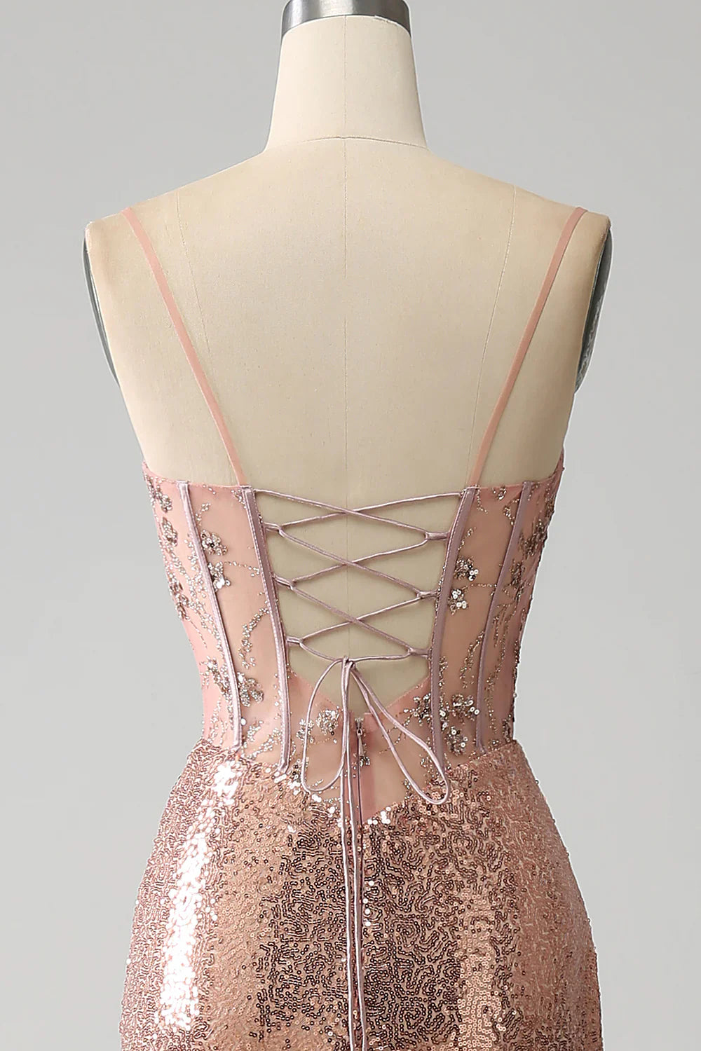 DingJiDress Rose Gold Mermaid Beaded Ruched Sequin Corset Prom Dress With Side Slit