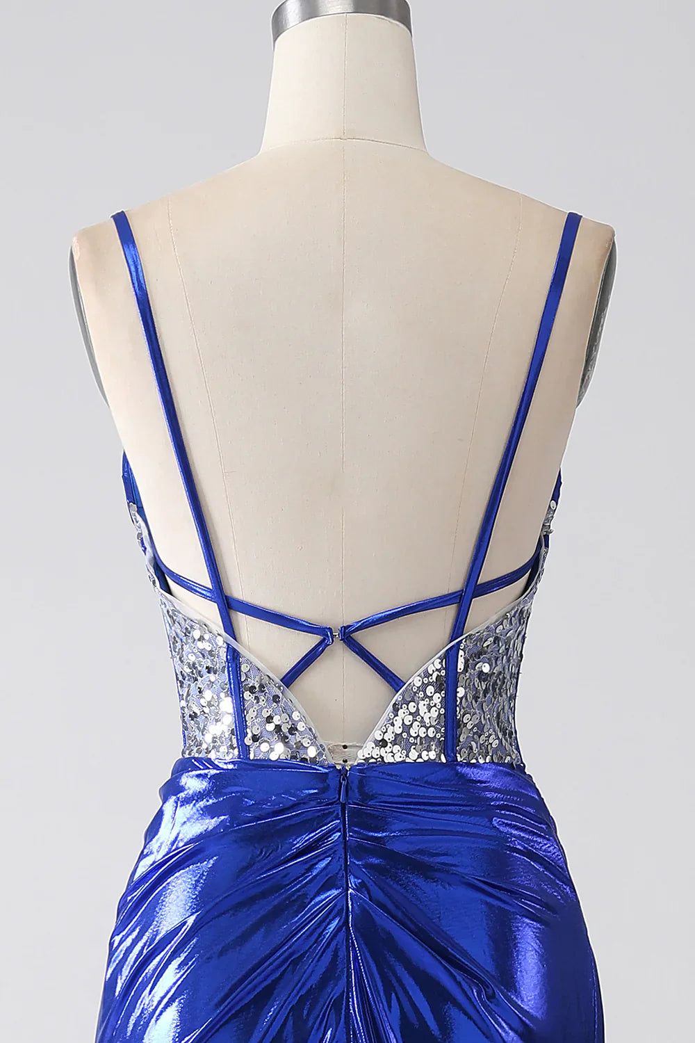 DingJiDress Royal Blue Mermaid Sparkly Sequin Pleated Corset Prom Dress With Slit