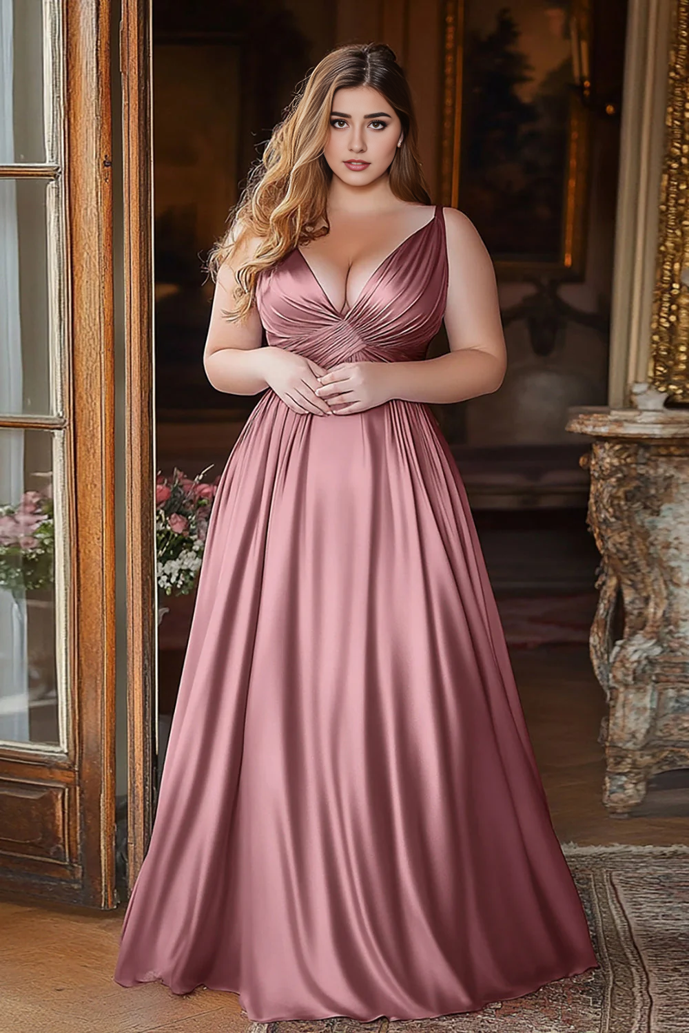 DingJiDress High Quality Dress Elegant A Line Deep V-Neck Ruched Satin Exquisite Long Prom Dress