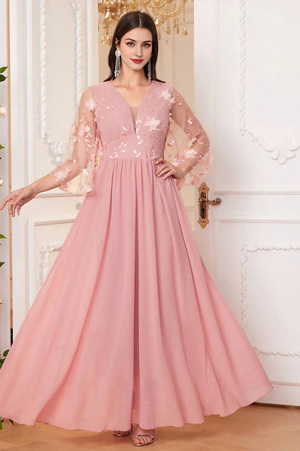 Pink A Line Mother Of The Bride Dress with Appliques