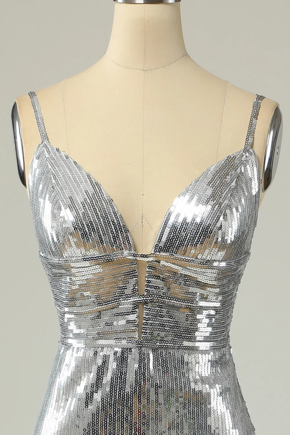 DingJiDress Mermaid Spaghetti Straps Silver Sequins Long Prom Dress Backless