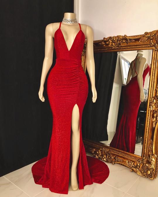Elegant Red V-neck Mermaid Long Split Ball Dress Fashion Evening Dress