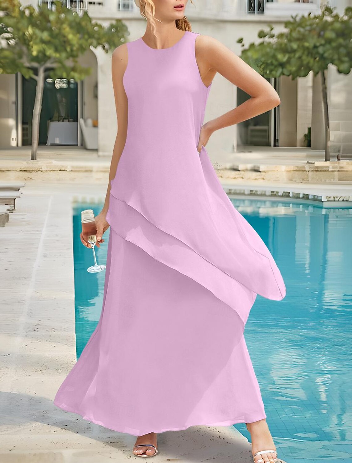 Beach Wedding Sheath Mother of the Bride Dress Elegant Simple Jewel Neck Ankle Length Stretch Chiffon Sleeveless with Tier Solid Color