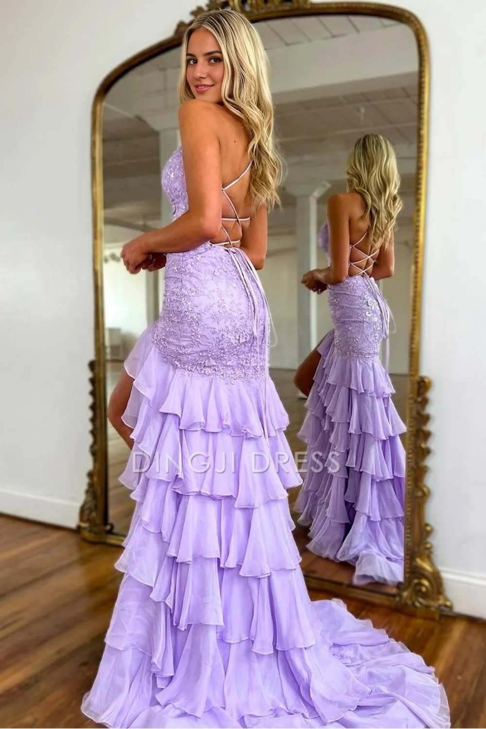 DingJiDress Stunning Mermaid Spaghetti Straps Lace Backless with Ruffle Side Fork Fashion Prom Dress