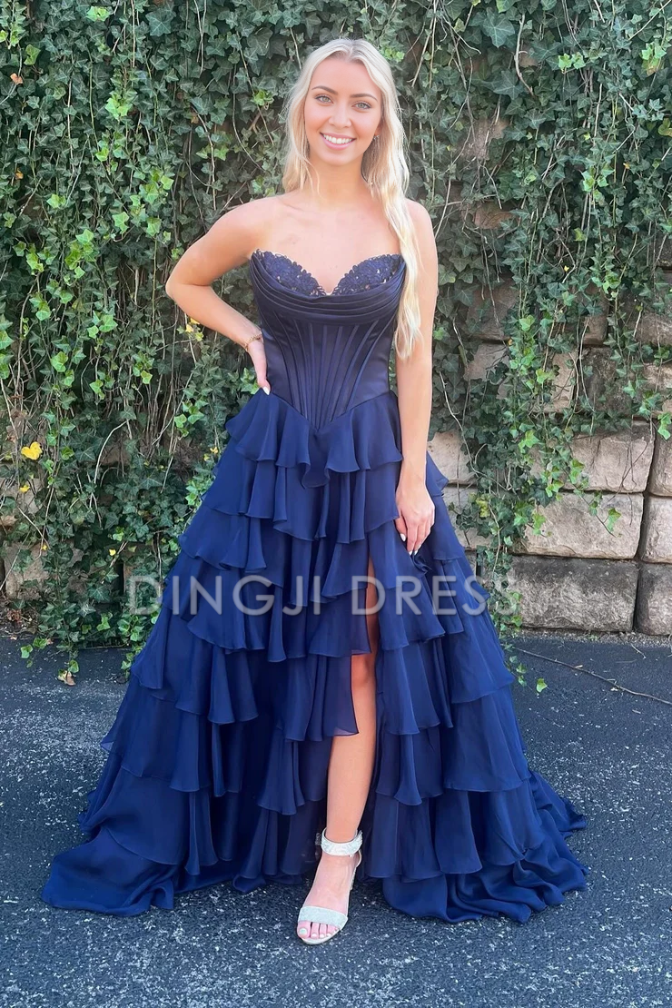 DingJiDress Cute Sweetheart A-Line Ruffle Chiffon Tiered Long With Split Exquisite Prom Dress