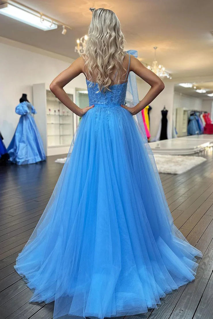 Cute A Line One Shoulder Blue Tulle Prom Dress with Appliques