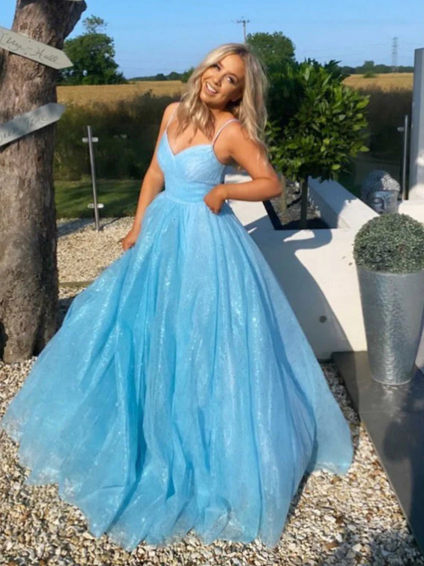 Simple v neck blue tulle sequin long prom dress blue evening dress