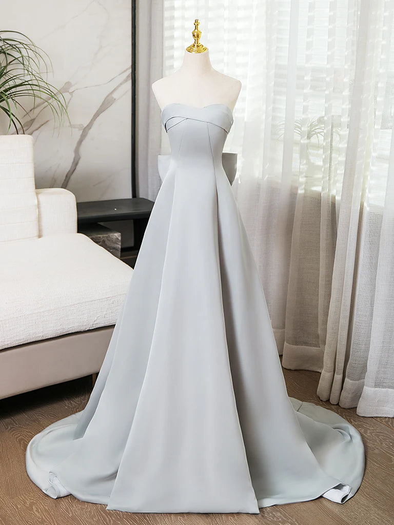 A-Line Sweetheart Neck Satin Gray Long Prom Dress Gray Long Formal Dress