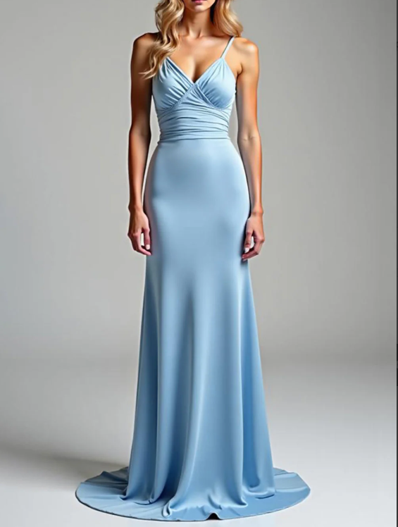 Simple Sky Blue Sheath Satin Spaghetti Straps Long Prom Dress