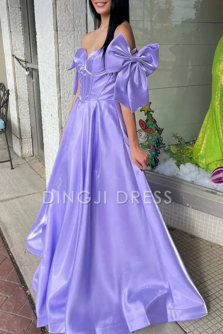DingJiDress Elegant A Line Sweetheart Off the Shoulder Satin with Cute Bow Prom Dress
