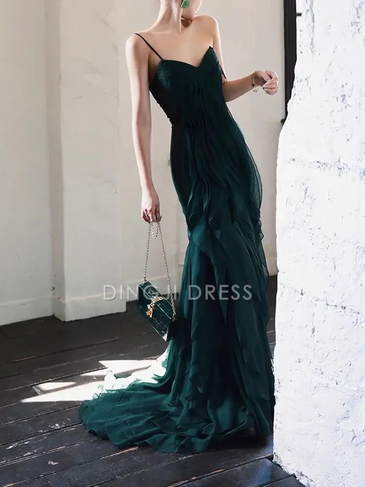 DingJiDress Sweetheart Spaghetti Strap Mermaid Ruffle Chiffon Long Irregular Unique Prom Dress