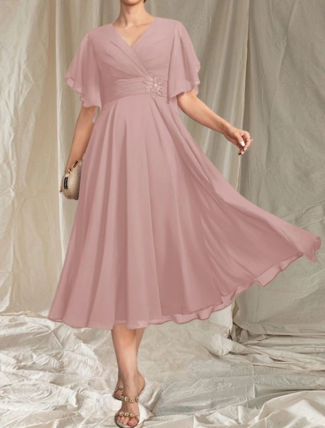 A-Line Mother of the Bride Dress Wedding Guest Elegant V Neck Tea Length Chiffon Short Sleeve with Appliques Ruching Midi Dress