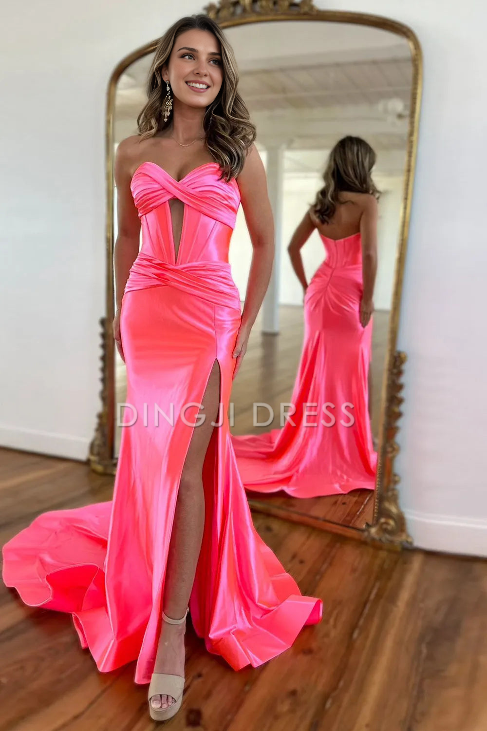 DingJiDress Elegant Satin Mermaid Strapless Long With Split Sweep Train Fashion Prom Dress