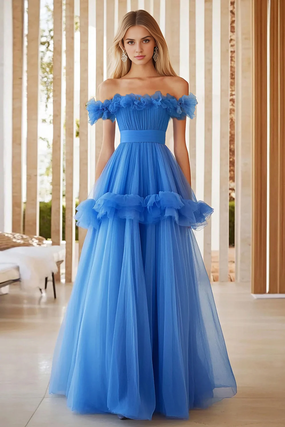 DingJiDress High Quality Dress Fashion A Line Off The Shoulder Tulle Ruffles Atmosphere Long Prom Dress