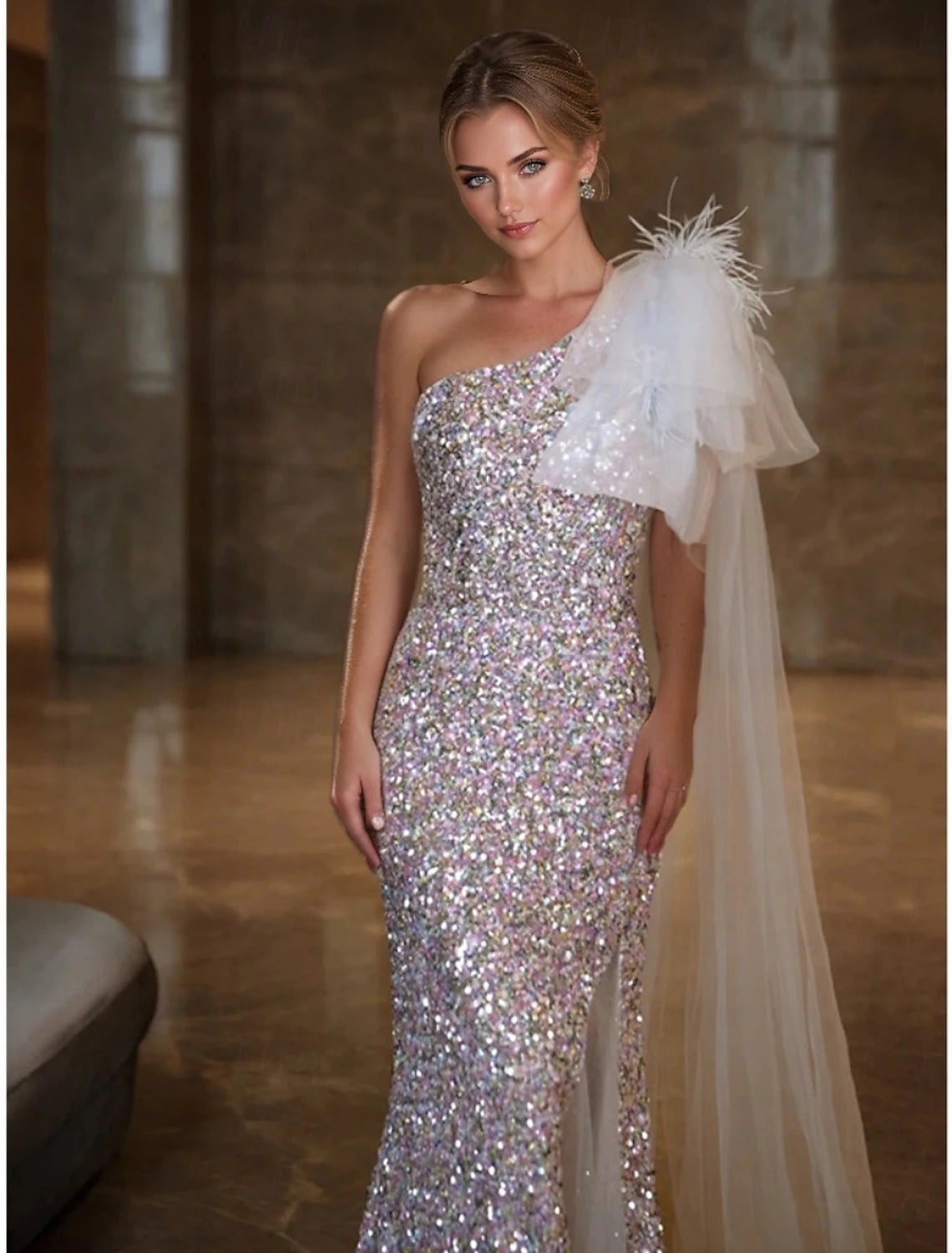 Mermaid / Trumpet Prom Dresses Elegant Dress Formal Wedding Sweep / Brush Train Sleeveless One Shoulder Tulle with Feather Glitte