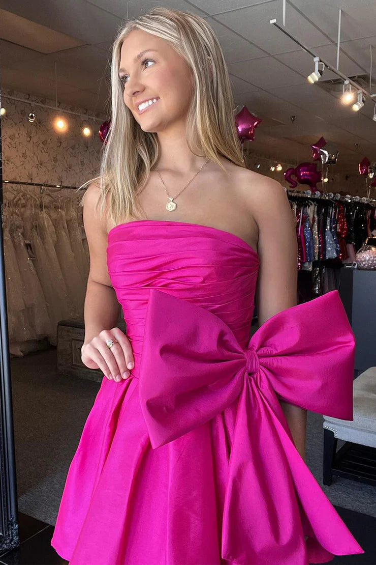 A Line Strapless Hot Pink Satin Short Homecoming Dresses with Bow