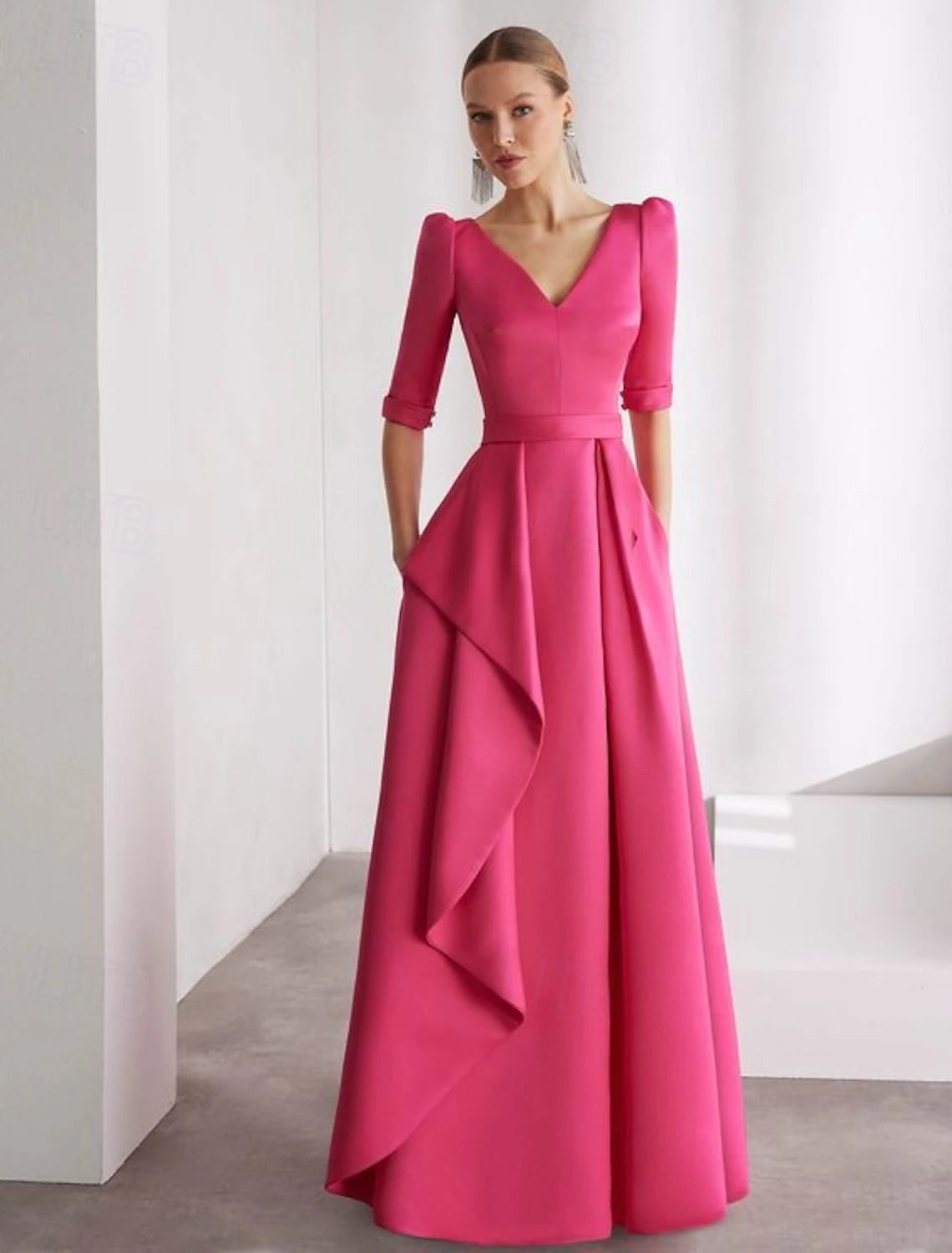 A-Line Evening Gown Elegant Dress Beach Wedding Formal Floor Length Half Sleeve V Neck Pink Dress Satin with Ruffles