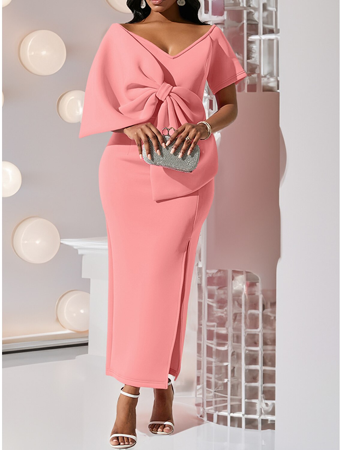 Women's White Dress Prom Dress Party Dress Ruched Split V Neck Short Sleeve Midi Dress Special Occasion Vacation White Pink Fall Winter