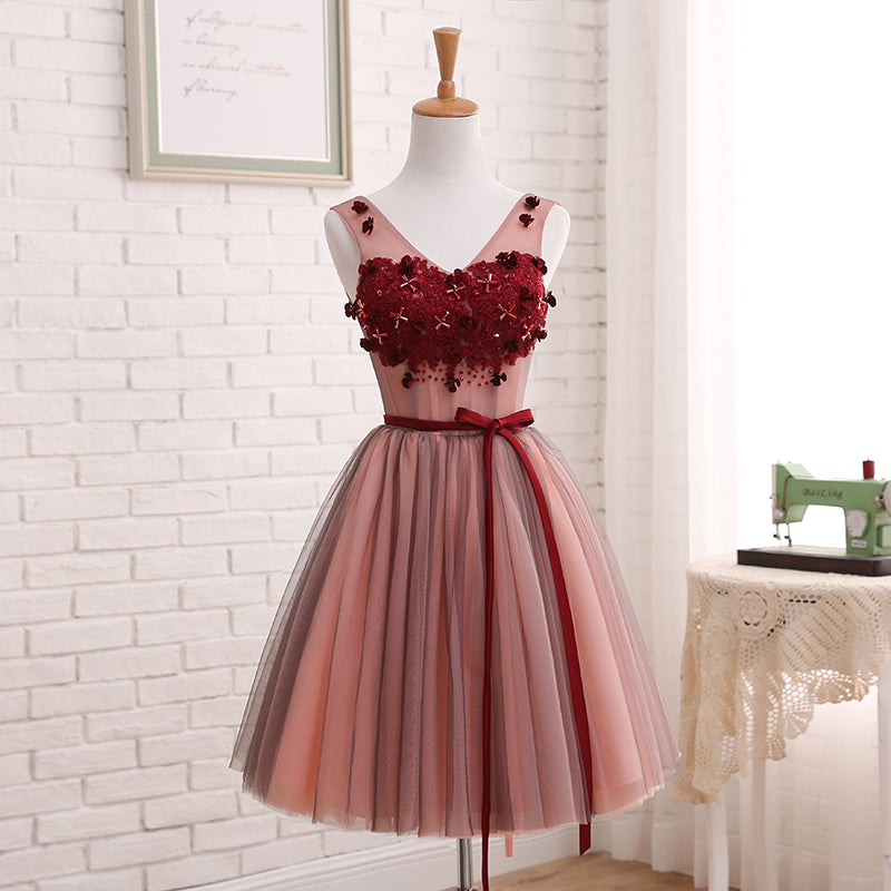 DingJiDress Short Prom Dress A Line V Neck Sleeveless Tulle Flowers Fashion Best Selling Homecoming Dress