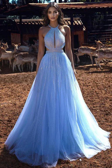 BLUE HALTER BEADINGS LONG PROM DRESS TULLE EVENING PARTY GOWNS