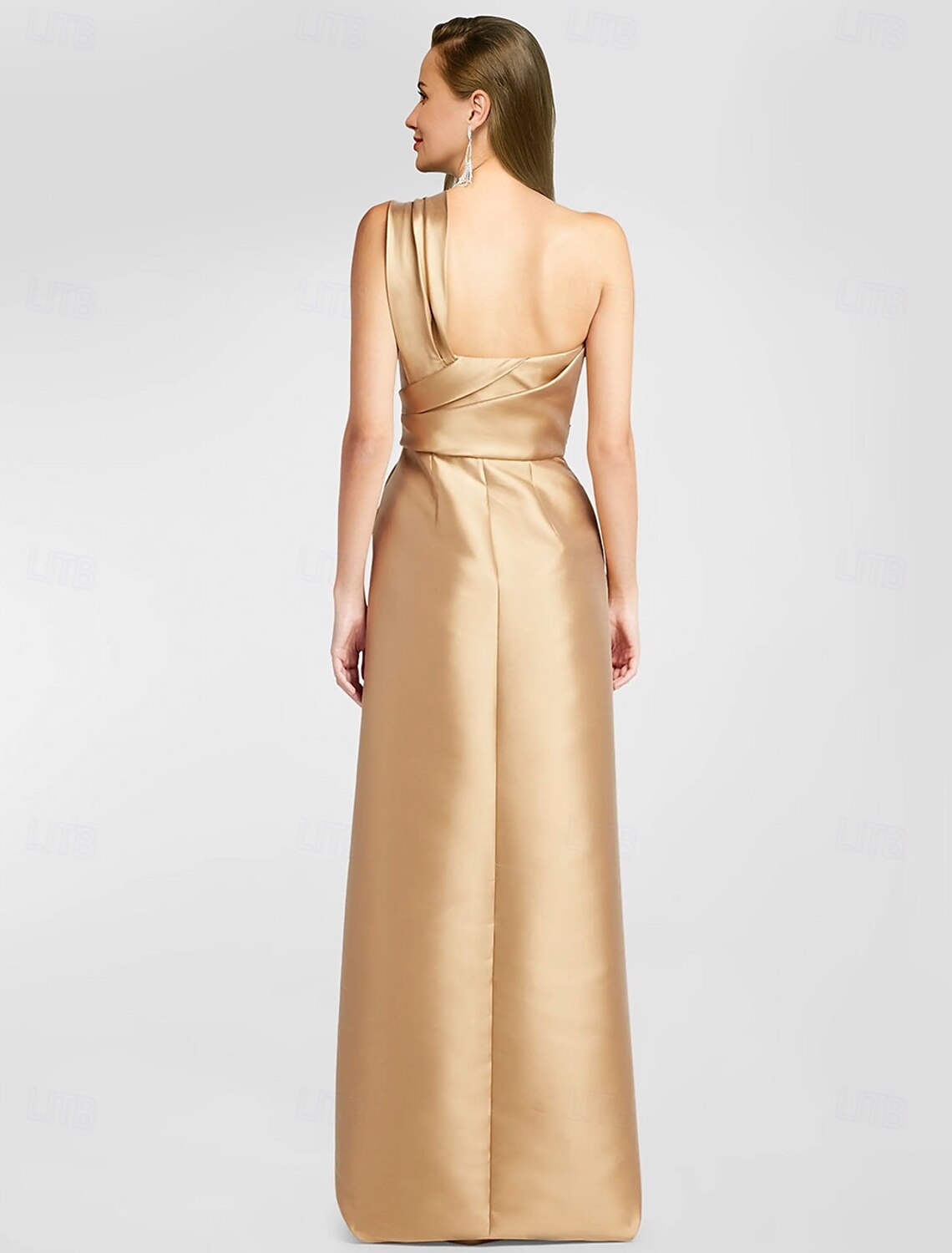 A-Line Evening Gown Elegant Dress Formal Floor Length Sleeveless One Shoulder Pocket Satin with Ruffles