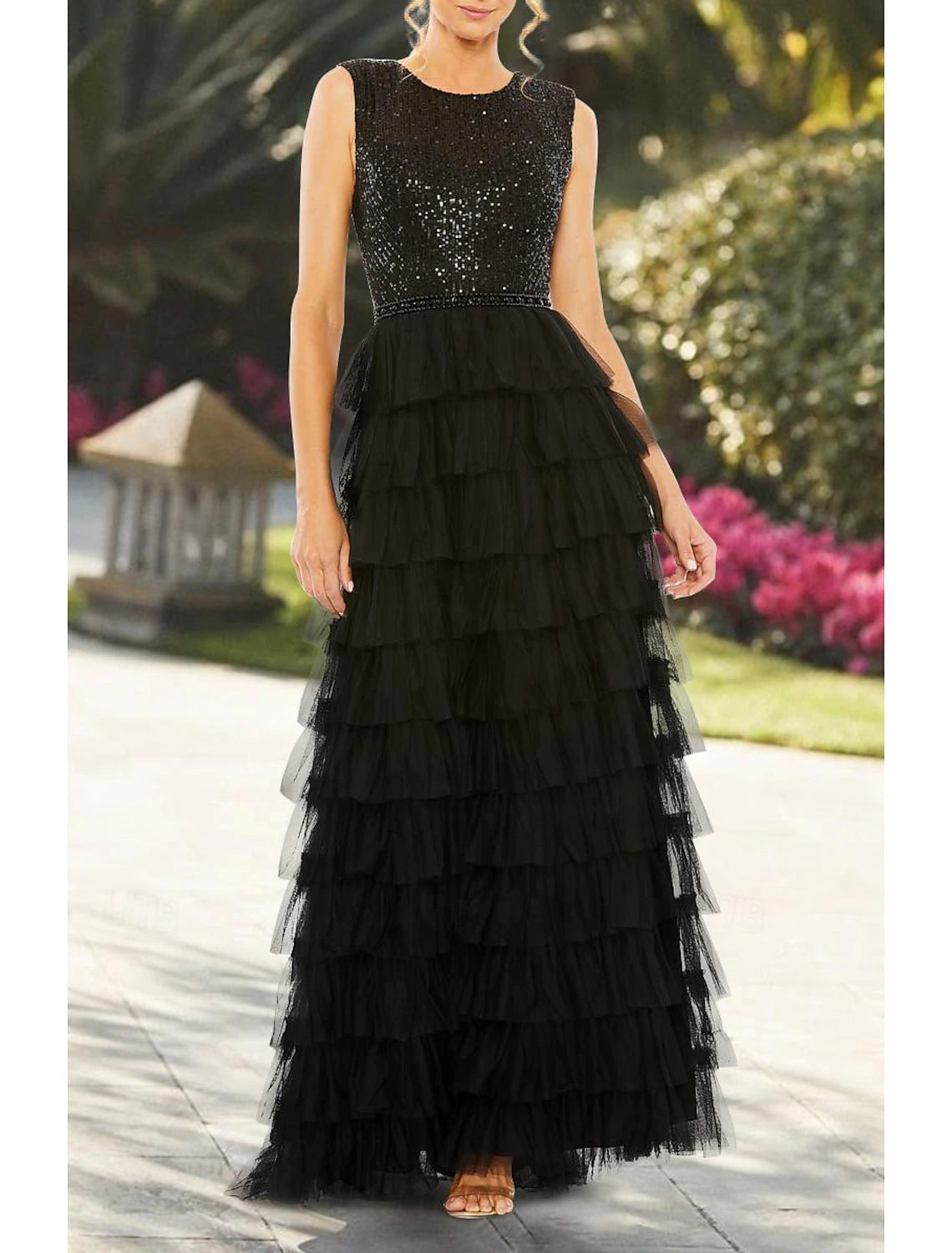 A-Line Wedding Guest Dresses Elegant Dress Formal Evening Party Floor Length Sleeveless Jewel Neck Fall Wedding Guest Tulle with Fringe